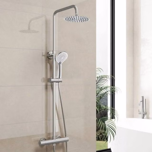 Hinsinc Chrome Round Bar Twin Head Thermostatic Shower Set in Silver, W: 520 mm