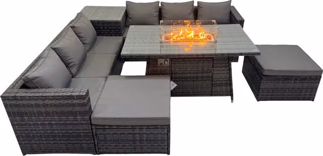 Fimous 8 Seater Rattan Garden Furniture Set in Dark Grey with Upholstered Cushions, 3 Seater Sofa, Coffee Table and Ottomans – 1