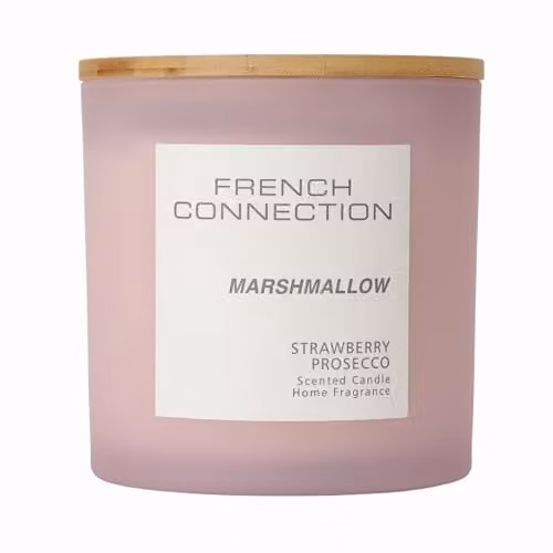 French Connection Pastel Range Marshmallow Scented Container Candle in Pink Frosted Glass with Bamboo Lid