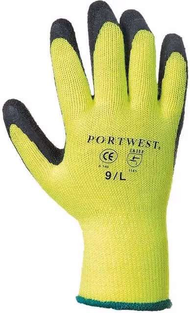 Portwest Thermal Grip Gloves in Yellow, Size: XL, with Latex Coating and Acrylic Lining