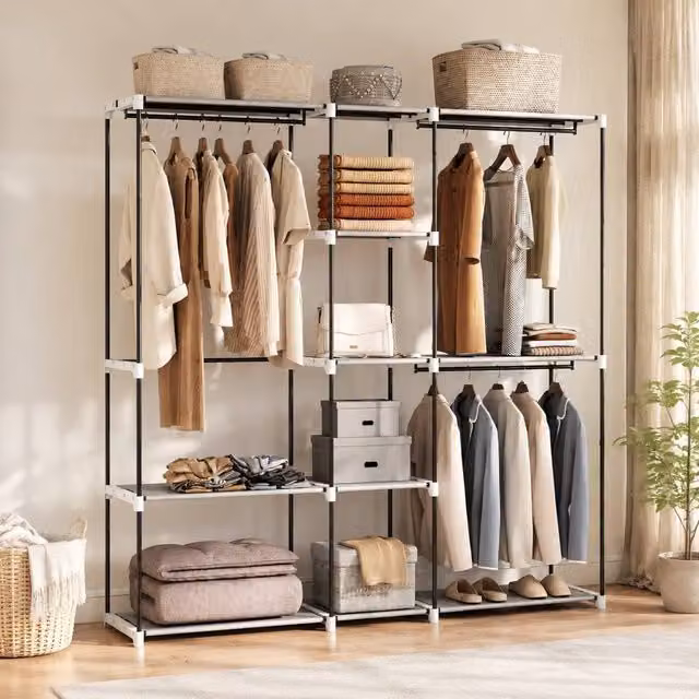 STILVORA Modern Grey Metal Wardrobe with 8 Internal Shelves and 3 Hanging Rails