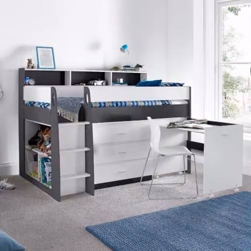 Bedmaster Ersa Mid Sleeper Storage Bed with Desk and Drawers for Children, Grey and White, 90 x 190 cm – 1