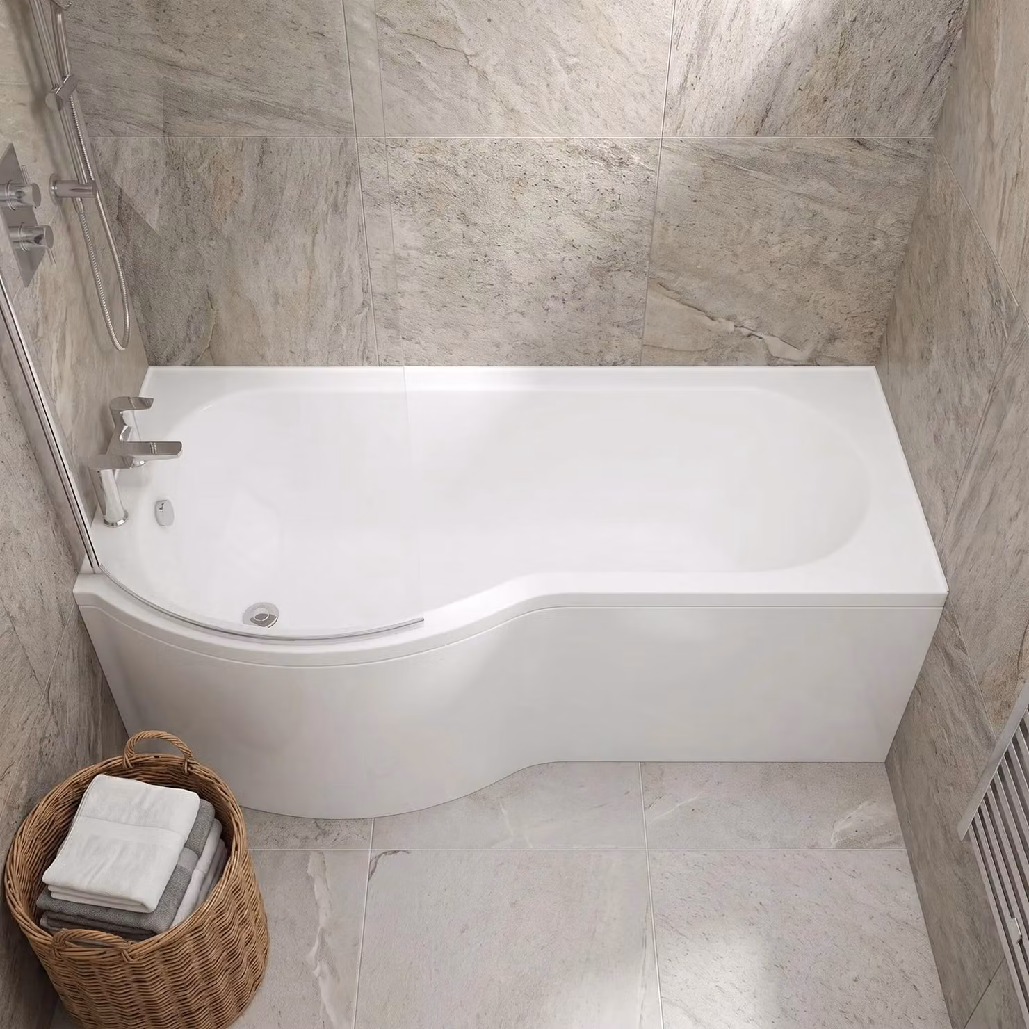 Balterley Asymmetric P Shape Left Hand Shower Bath Tub with Leg Set, White, W: 149.5 cm, D: 70 cm, H: 42 cm – 2