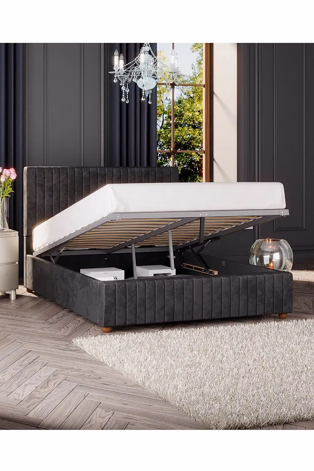 Laurence Llewelyn-Bowen Estella Ottoman Storage Bed in Black Mirazzi Velvet Fabric, King Size (180 x 200 cm) – 3