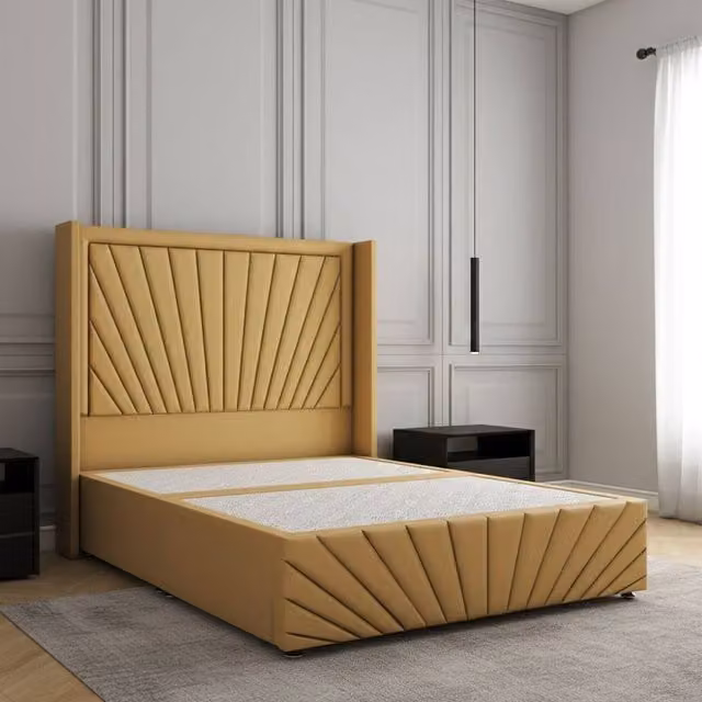 Regional Furnishings Upholstered Velvet Divan Bed with 54 inch Headboard and Footboard in Yellow, W/D/H: 140 x 200 cm