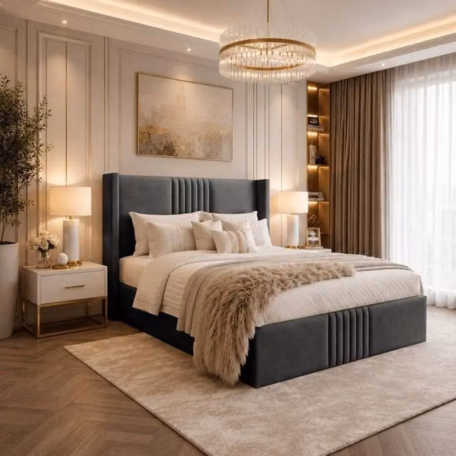 Desire Deco Brooks Wingback Upholstered Bed Frame in Anthracite Grey, Size: 140 x 200 cm