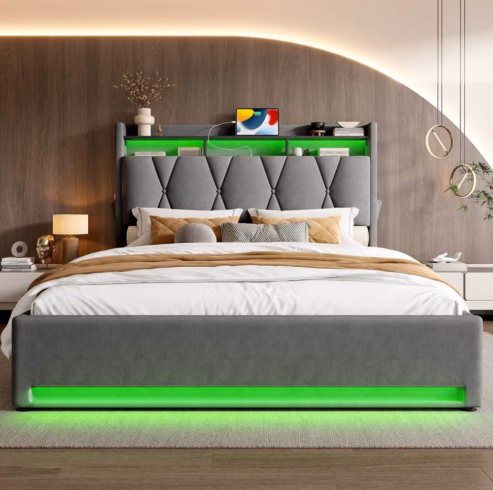 STILVORA Upholstered Velvet Bed Frame in Grey with LED Lighting, USB Charging Port and Lift-Up Base, W/D/H: 150 x 200 cm – 1