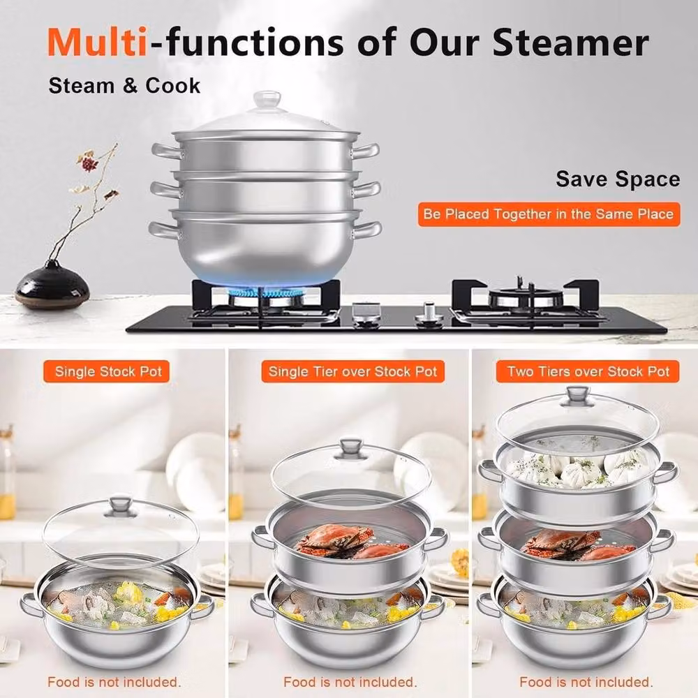 EONLION 3 Tier Stainless Steel Steamer Pot with Glass Lid, Silver, Diameter: 28 cm – 2