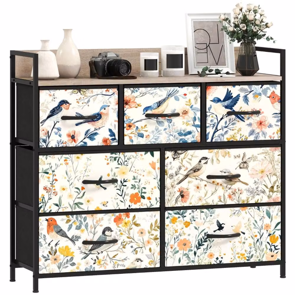 STILVORA 7-Drawer Chest of Drawers with Wood-Effect Top in Cream and Beige Floral Design – 6