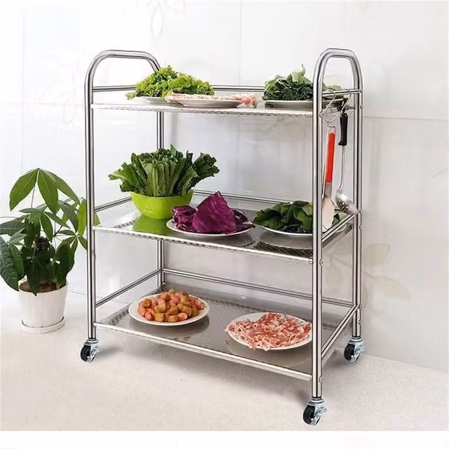 Nordara 3 Tier Stainless Steel Kitchen Trolley Cart in Silver, W/D/H: 76 x 32 x 60 cm