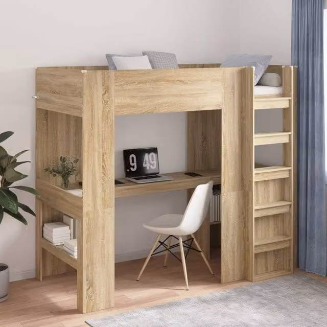 Berkfield Home Loft Bed Frame with Desk and Storage in Sonoma Oak Brown, W/D/H: 200 x 100 x 100 cm