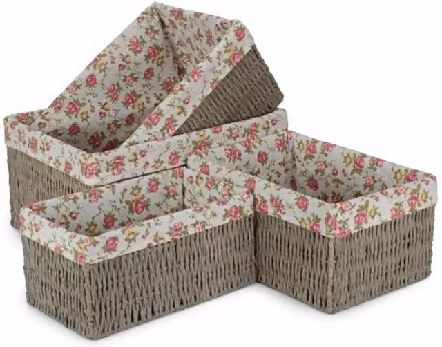 Red Hamper Set of 4 Paper Rope Storage Baskets with Grey Garden Rose Cotton Lining – 1