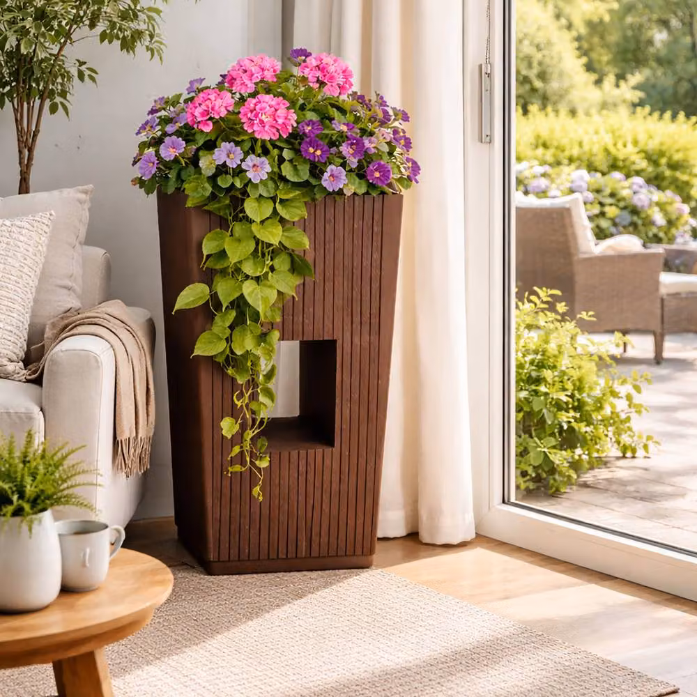 Simpa Cubic Modern Plastic Planter Set of 2, Brown, H 43 cm x Dia 26 cm – 3