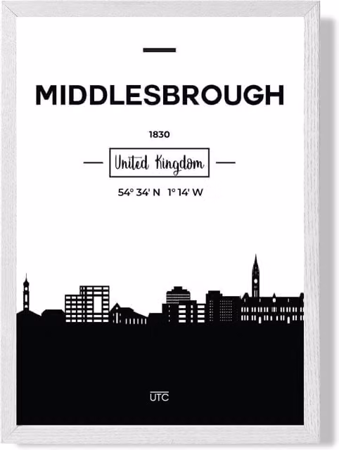 ARTZE Middlesbrough Black and White City Skyline Framed Print in White Frame, A2