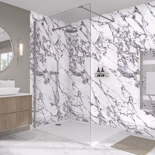 Wetwall Elite Double Post Formed Marmo Migliore Shower Panel in White Stone Look