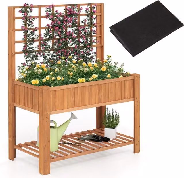 COSTWAY Brown Wooden Elevated Planter Box Raised Garden Bed with Trellis