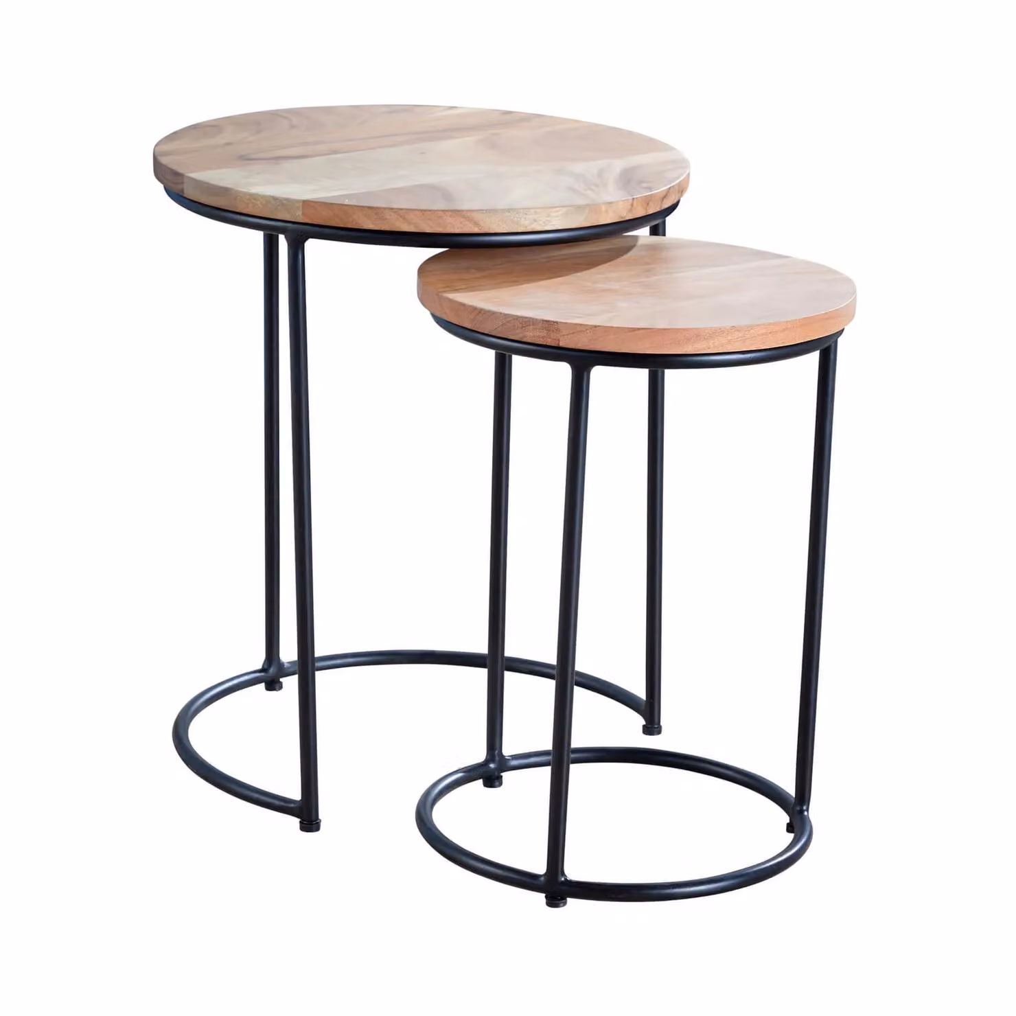 Home Source Nest 2 Round Acacia Wood Tables with Iron Legs in Light Oak – 4