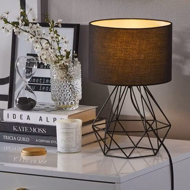 Wyld and Coco Industrial Table Lamp in Black with Metal Wire Cage and Fabric Shade – 1