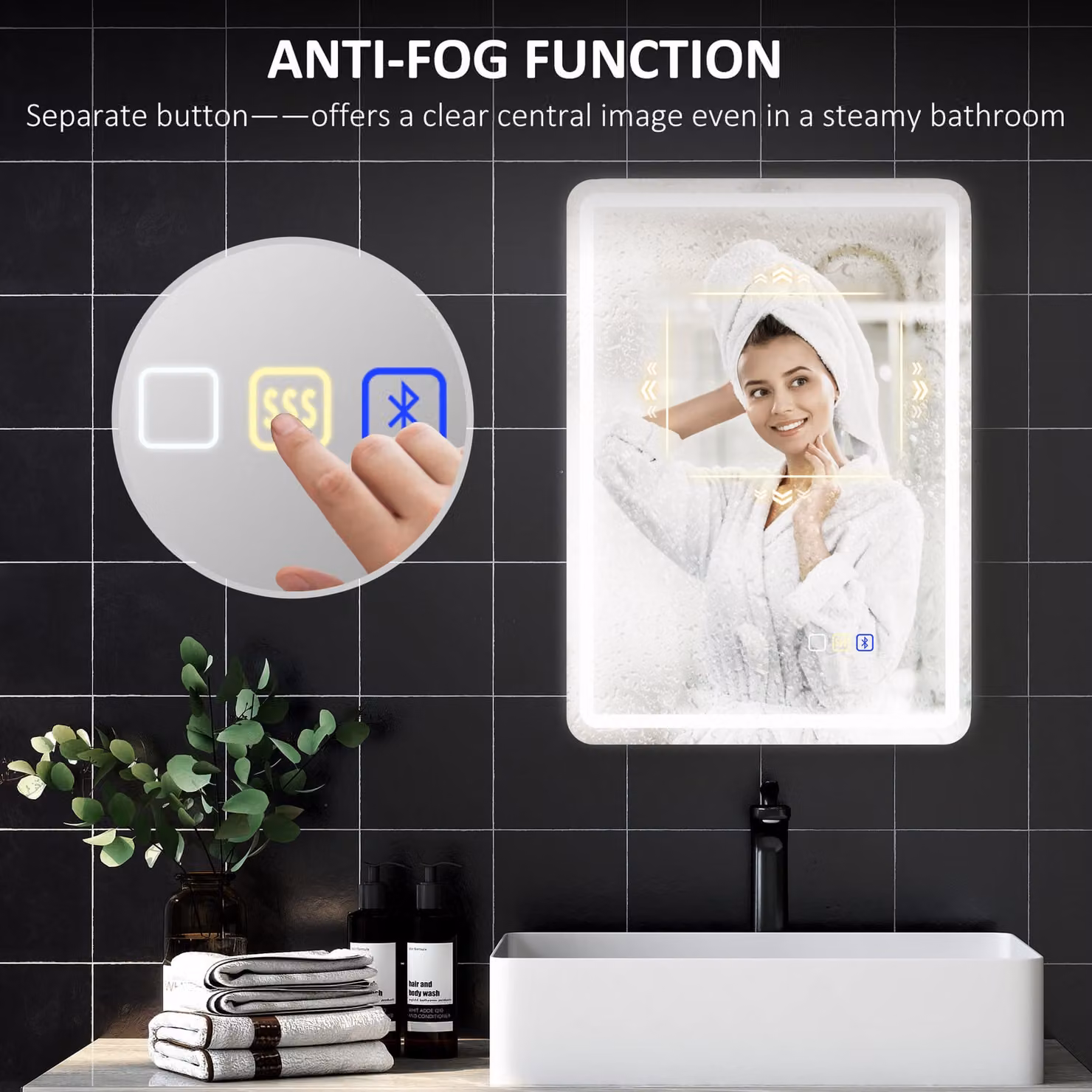 HOMCOM Bluetooth LED Bathroom Mirror with Anti-Fog, Silver Tone, W: 50 cm, H: 70 cm – 7