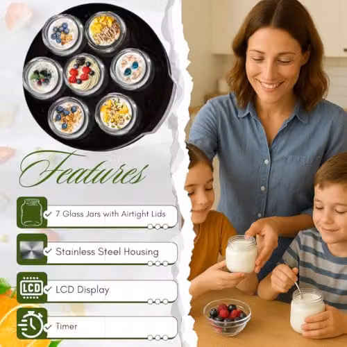Trendi Digital Yoghurt Maker with 7 Glass Jars, Stainless Steel with LED Display and Timer in Black or Silver – 2