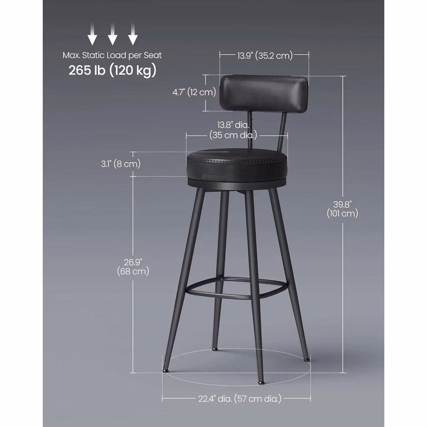 VASAGLE Set of Two Modern Black Synthetic Leather Swivel Bar Stools with Backs – 2