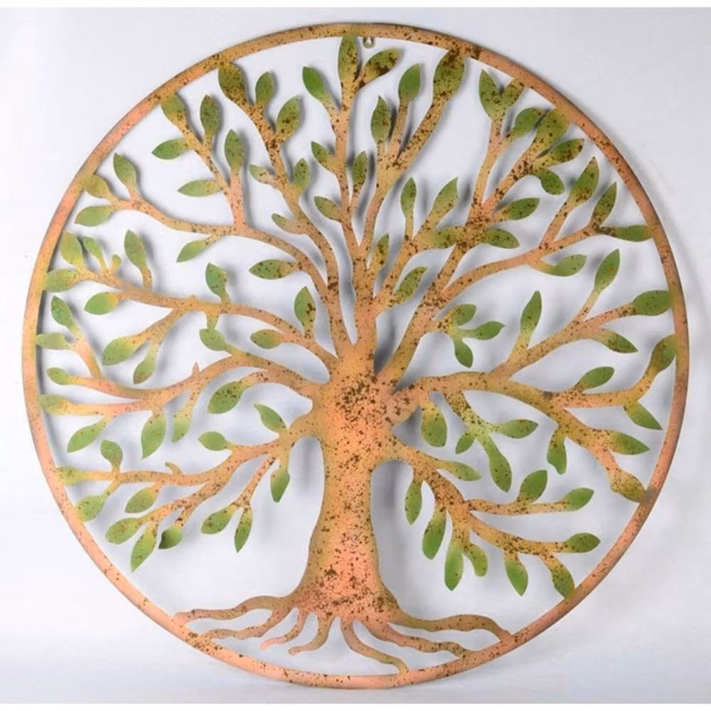 VOGREX Tree of Life Metal Round Wall Art Garden Sculpture Plaque in Brown, Diameter: 100 cm – 2