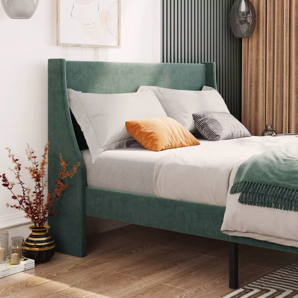BTM Single Wingback Velvet Bed in Dark Green, W/D/H: 90 x 190 cm – 8