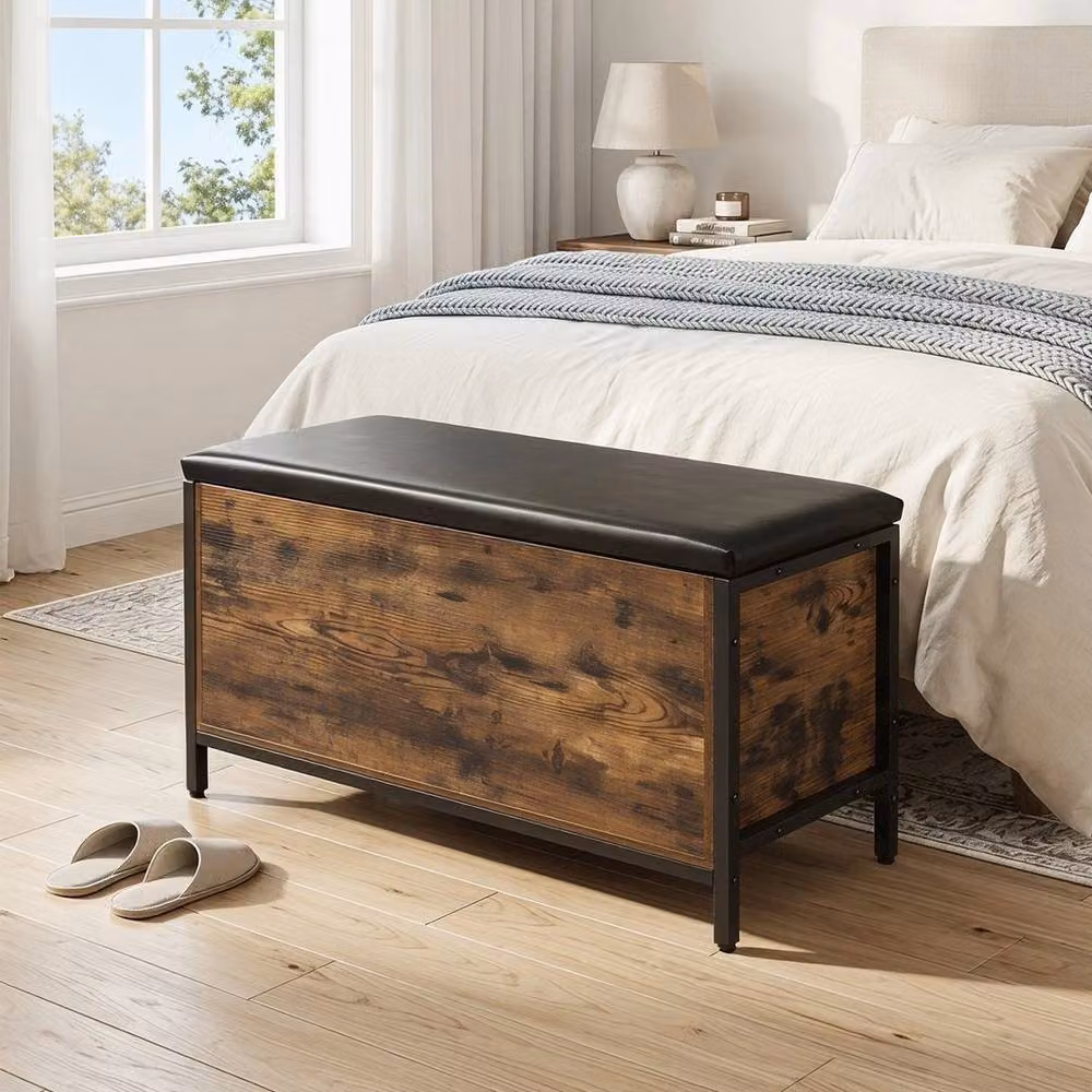 SPETLEK Industrial Lift-Top Shoe Bench with Brown Faux Leather Seat – 3