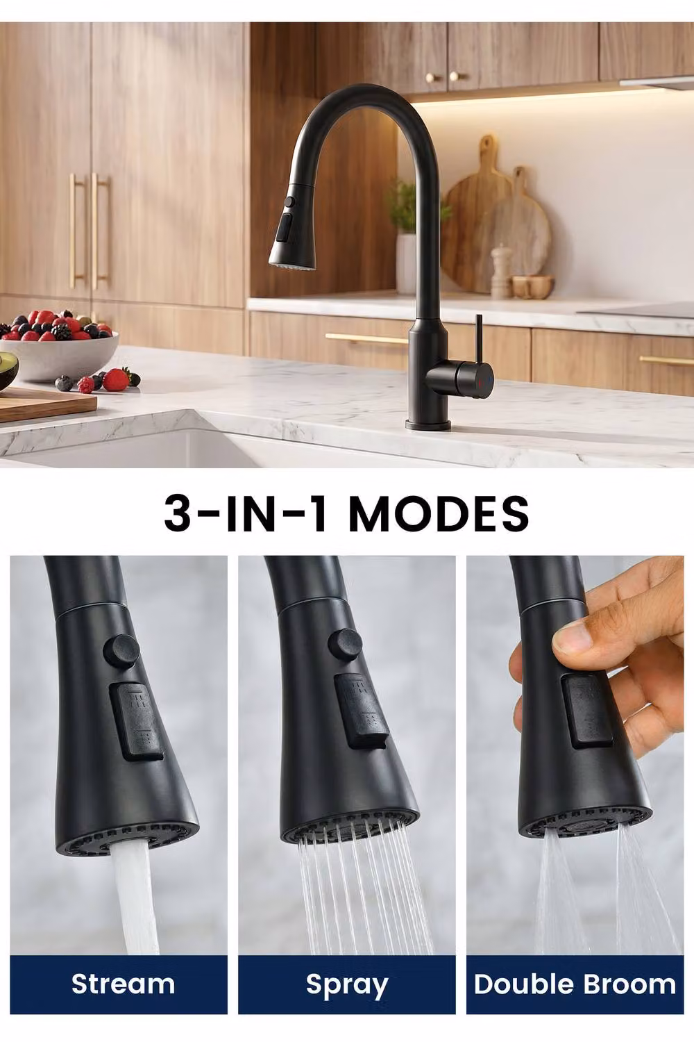 JANLEMNY Matte Black Pull Out Kitchen Mixer Tap with 3 Spray Modes – 2