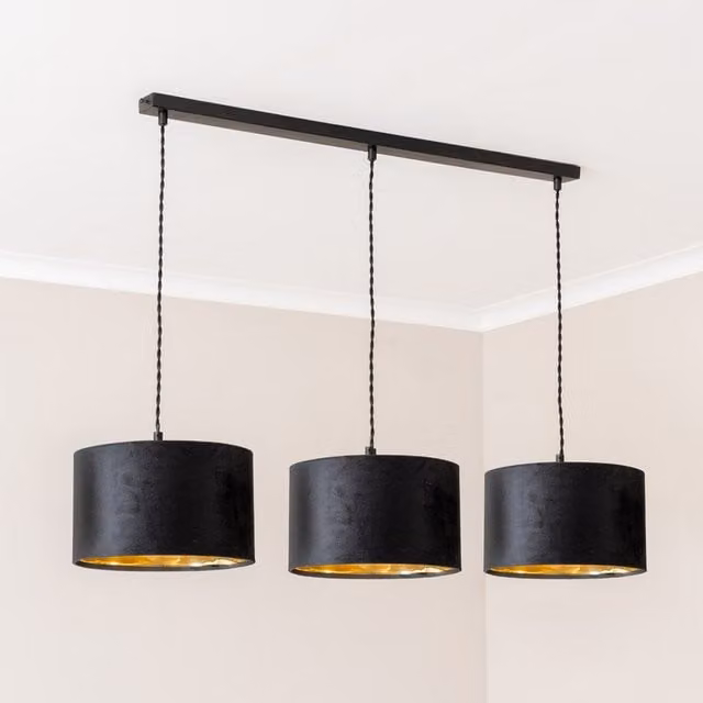 ValueLights Reni Velvet Shade 3 Drop Bar Pendant Ceiling Light in Black and Gold/Brass