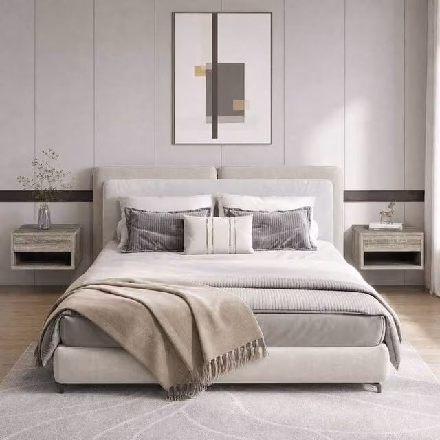 STILVORA Set of 2 Modern Wall Mounted Floating Bedside Tables with Drawer and Shelf in Grey – 1
