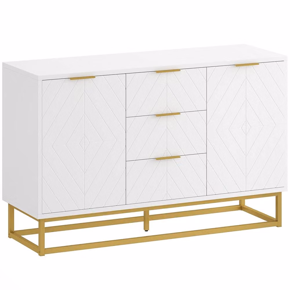 Wyld Haus Luka White Sideboard with 3 Drawers and 2 Doors, Gold Accents and Geometric Design, W/D/H: 120 x 40 x 76 cm – 2