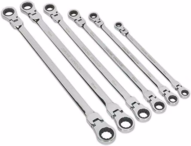 Loops 6pc Extra Long Flexible Head 12 Point Metric Ratchet Ring Spanner Set in Silver and Multicolour Chrome Vanadium Steel