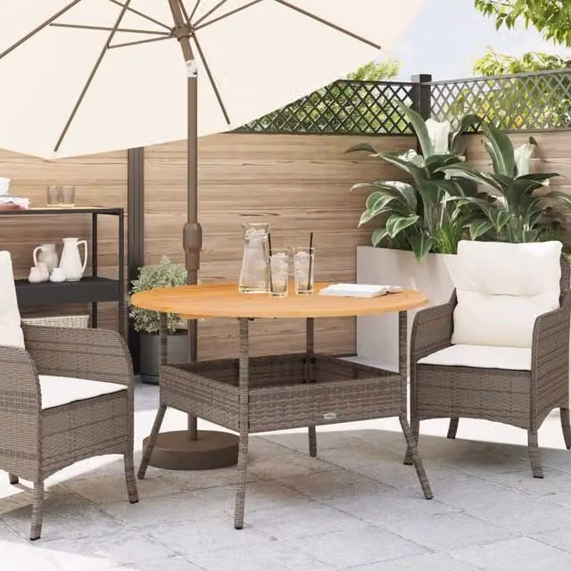 Berkfield Home Grey Poly Rattan Extendable Garden Table with Oiled Acacia Wood Top W/D/H: 110 x 71 x 71 cm – 1