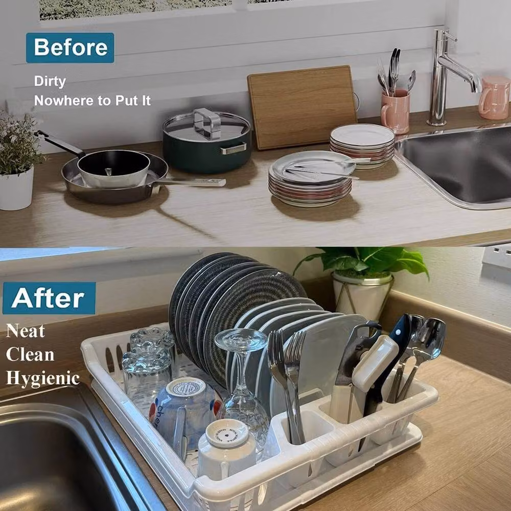 PAWNORA White Kitchen Dish Drainer Plate Drying Rack with Cutlery Holder and Drip Tray – 4