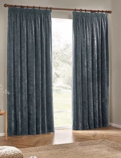 YARD Blue Chenille Velvet Pencil Pleat Opaque Fabric Curtains H: 183 cm x W: 168 cm