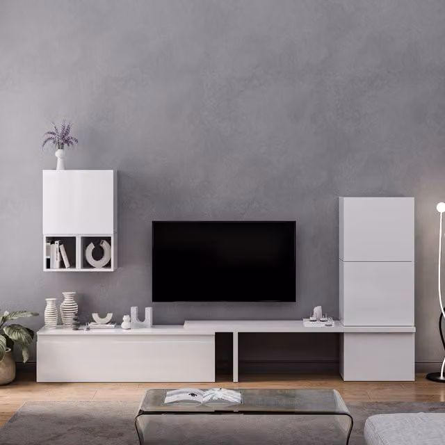 Decorotika Modern Wall Mounted Entertainment Center with Open Shelf in Glossy White