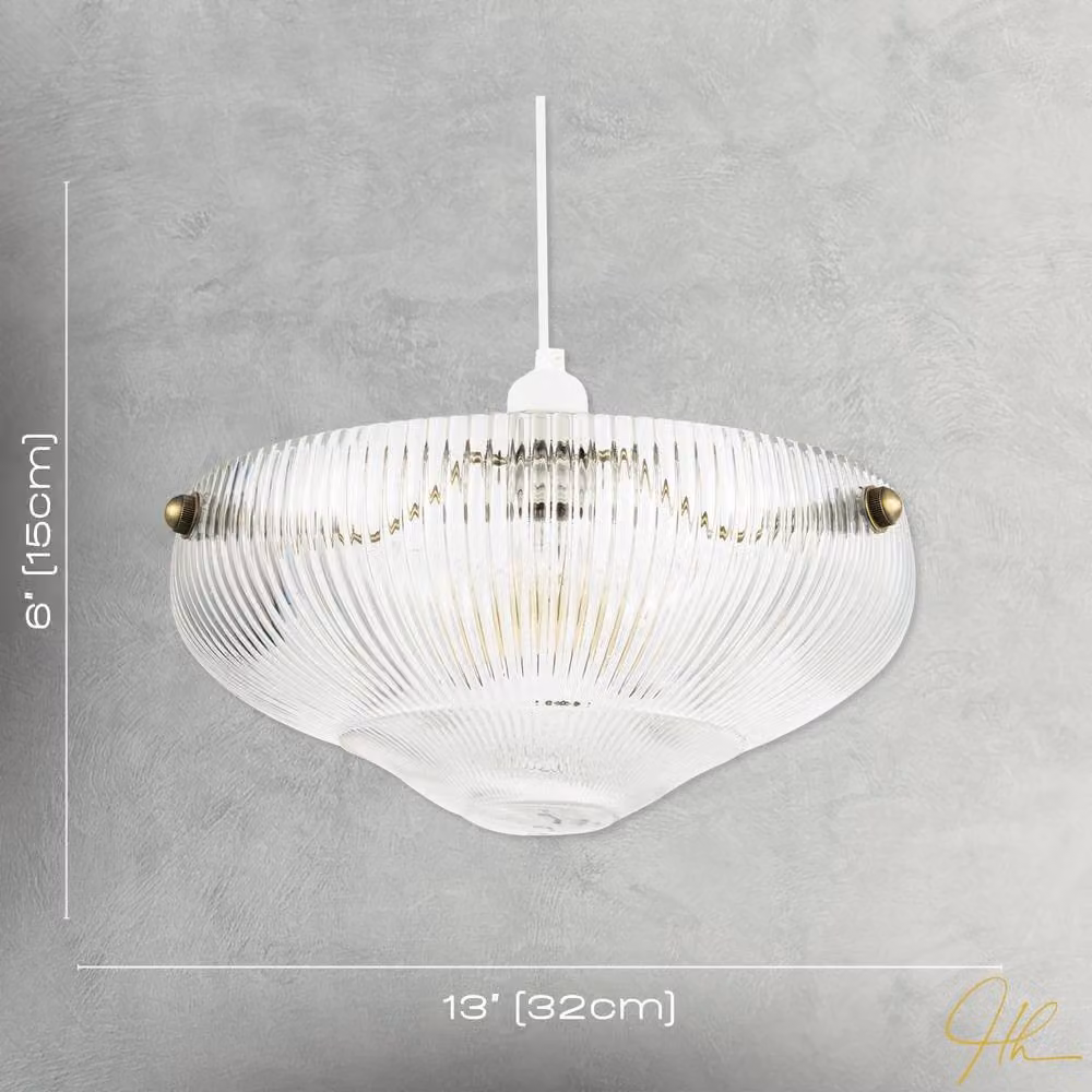Happy Homewares Modern Ribbed Glass Dome Pendant Bowl Lamp Shade in Transparent and Gold/Brass – 3