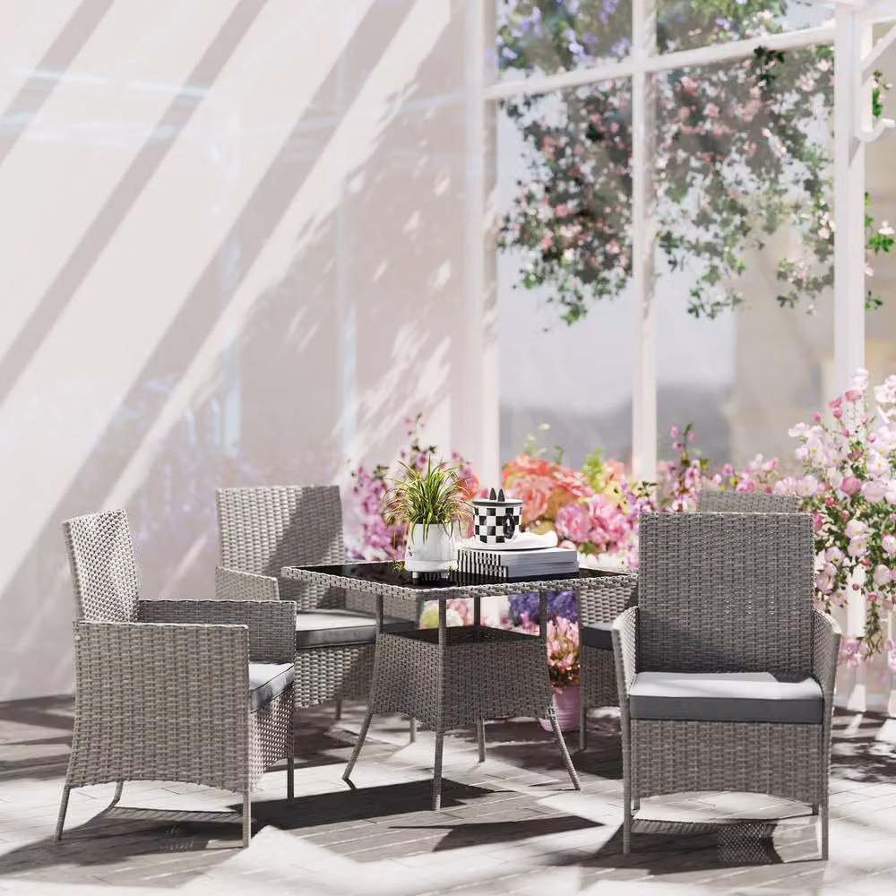 STILVORA 5-Piece Modern Garden Dining Set with Square Tempered Glass Table and Chairs in Grey – 6