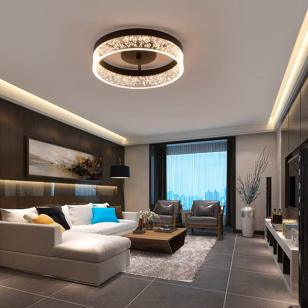 NIVOR 20W LED Round Ceiling Light with Transparent Seeded Acrylic Lampshade in Black – 4