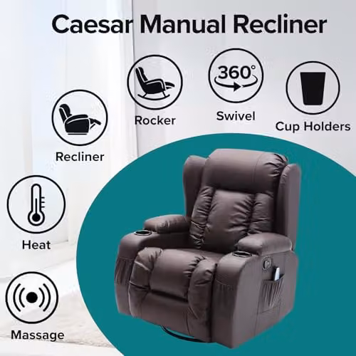 More4Homes Caesar Bonded Leather 10-in-1 Winged Recliner Chair with Heat, Massage, Rocking and 360 Swivel Function in Brown – 7