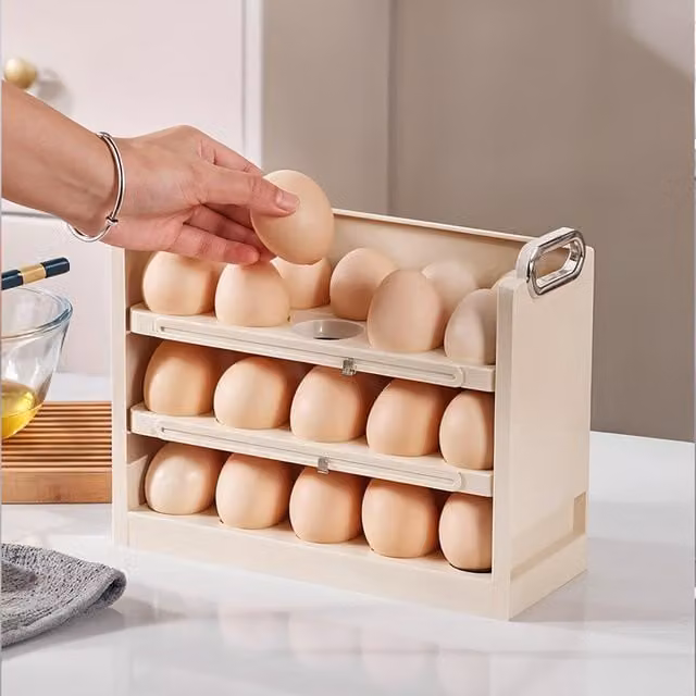 Livingandhome 3-Tier Egg Storage Holder with Flip-Up Design in Beige or White