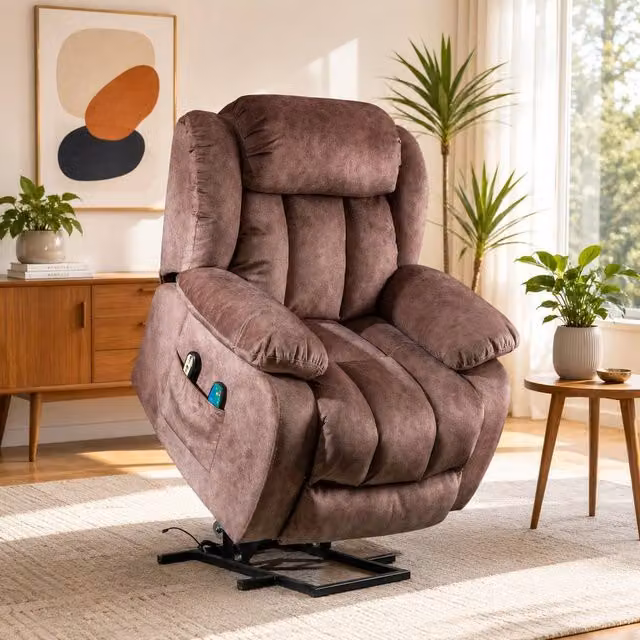 Merax Power Lift Recliner Chair with 8-Point Vibration Massage and Lumbar Heat in Brown Microfibre Fabric