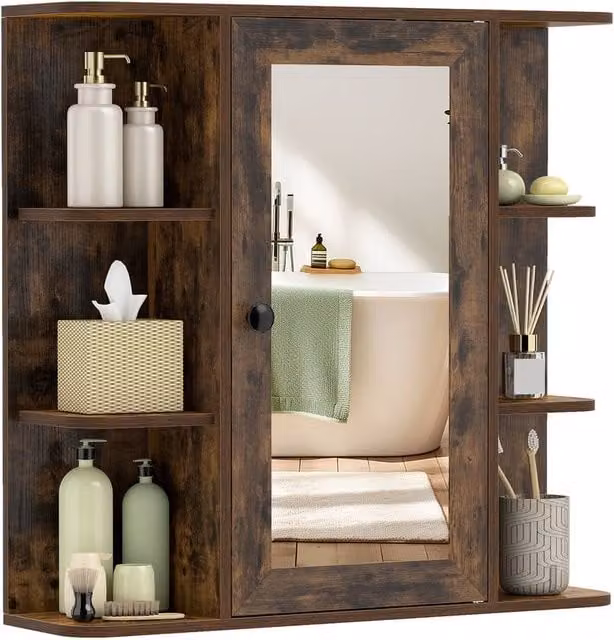 Gymax Wall Mounted Brown Modern Bathroom Medicine Cabinet with Mirror and Internal Shelves – 1