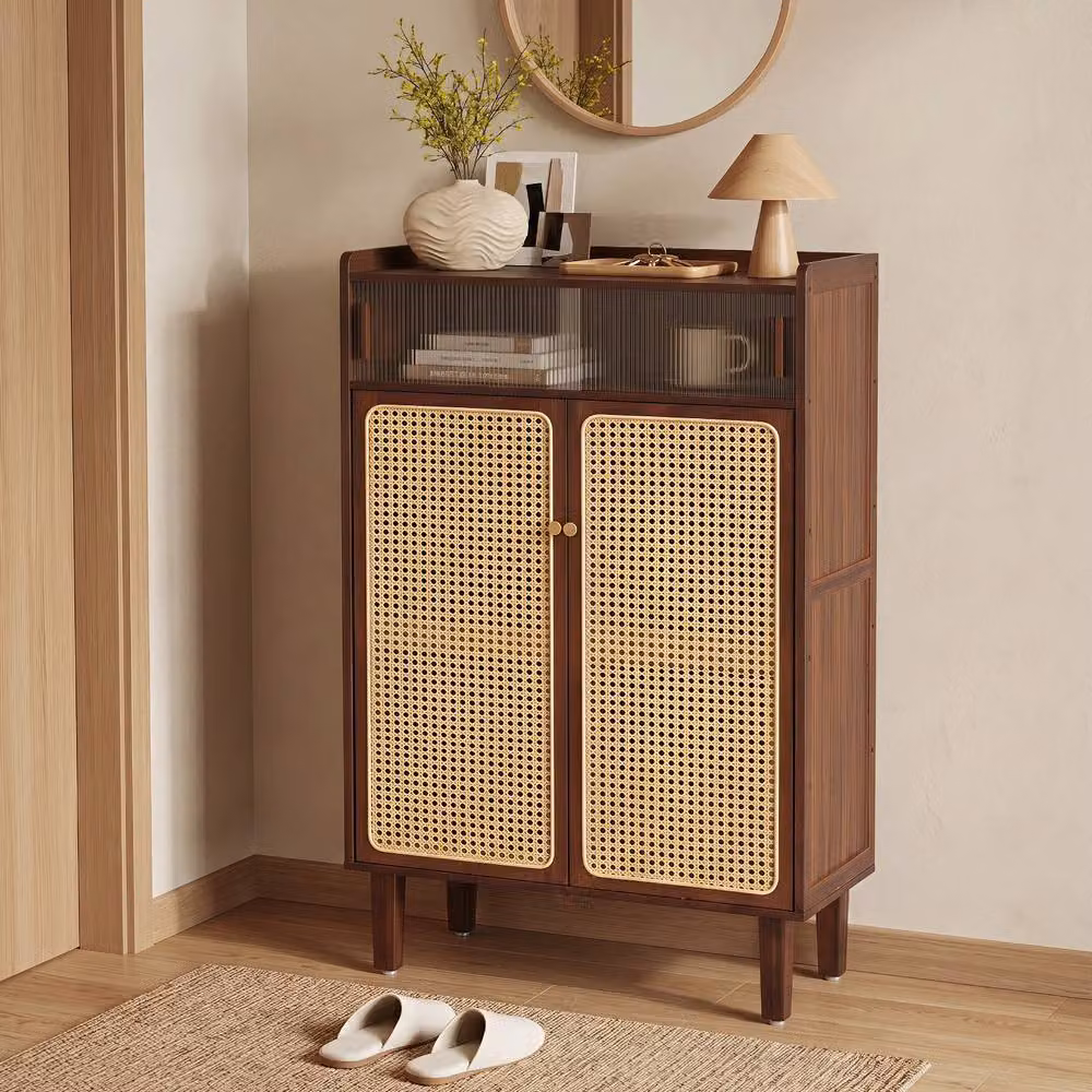 Gymax Bamboo Freestanding Shoe Cabinet with Rattan Sliding Doors in Brown – 3