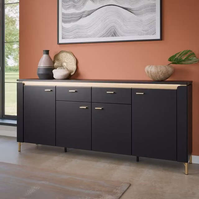 Furniture To Go Genoa Sideboard with Integrated LED Lighting in Matt Black and Gold
