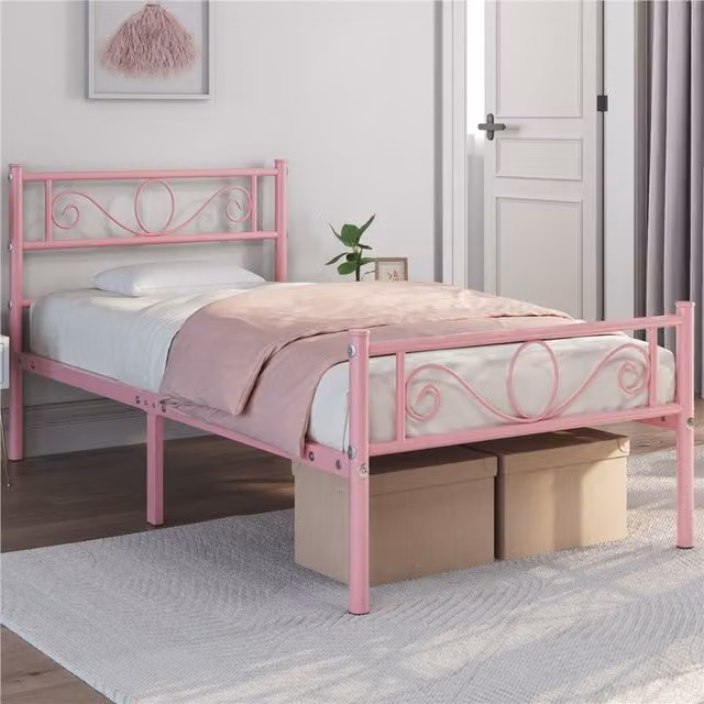 Yaheetech Metal Bed Frame in Pink, W/D/H: 90 x 190 cm
