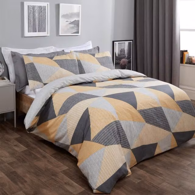 Dreamscene Reversible Textured Geometric Duvet Cover Set with Pillowcases, Yellow, W: 180 cm, L: 200 cm