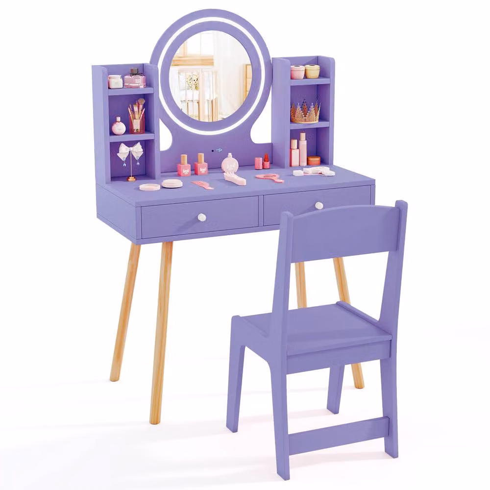 Costway Kids Princess Vanity Set with LED Lighted Mirror and Chair in Purple – 2