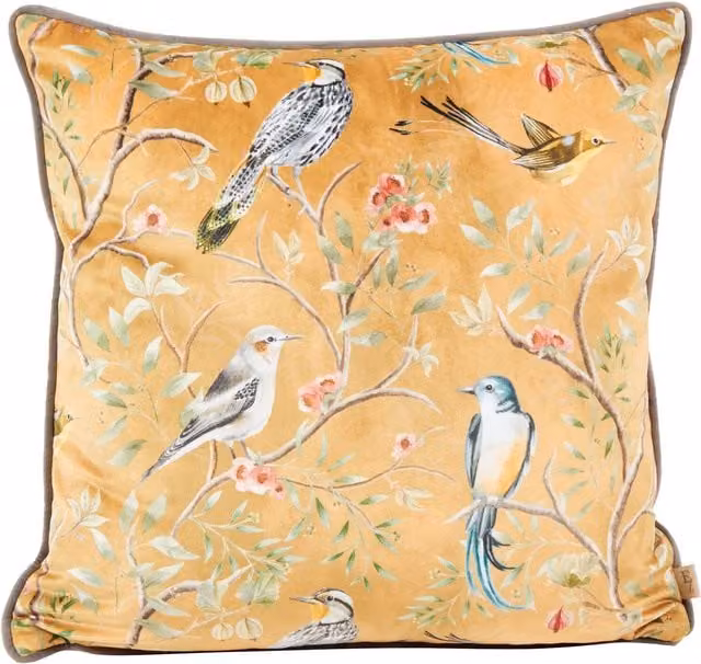 Wylder Tropics Orient Chinoiserie Birds Printed Piped Velvet Cushion in Gold, W/D/H: 43 x 43 x 43 cm